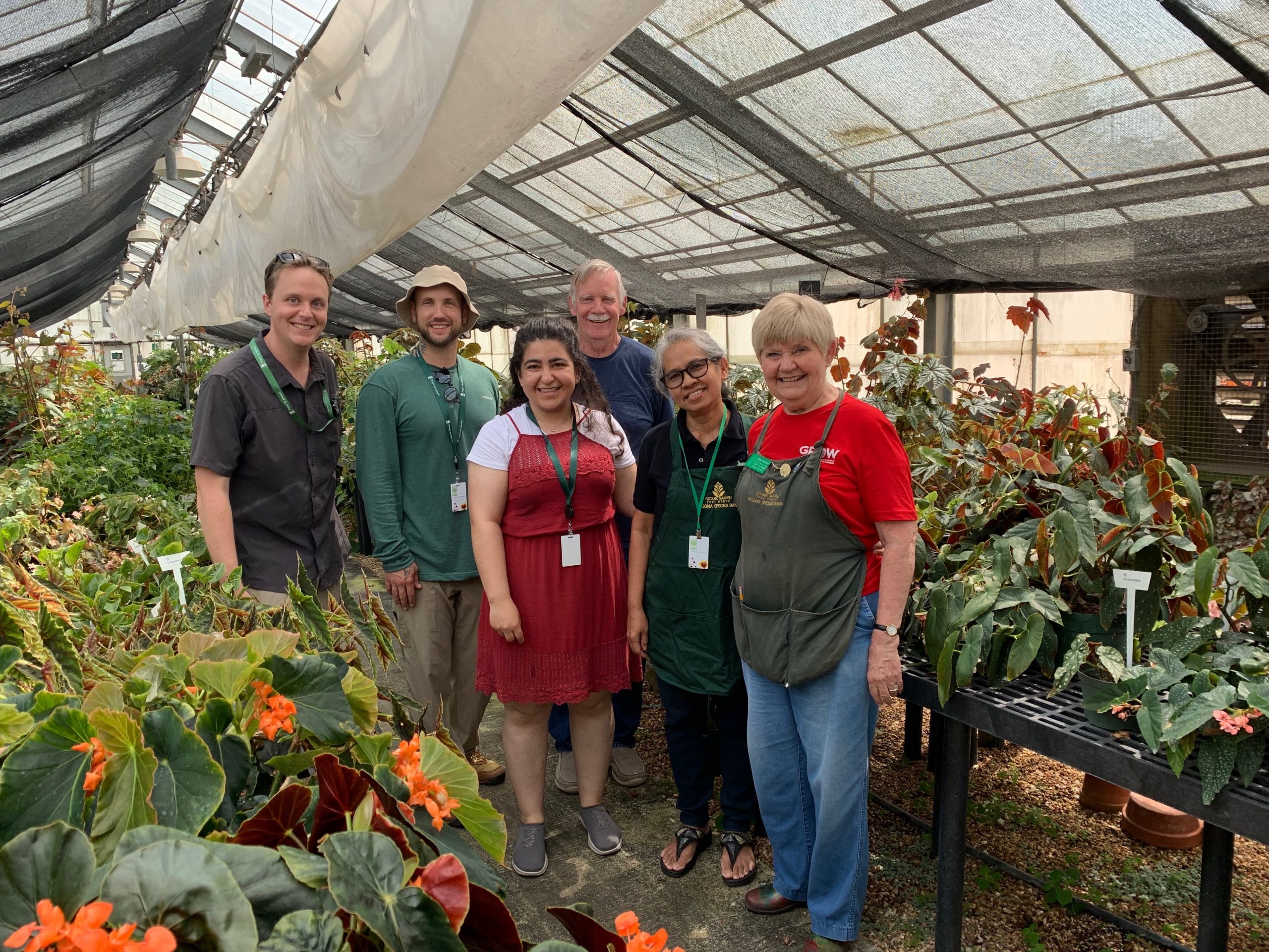 Part of the Nationally Accredited Begonia collection at the Fort Worth Botanic Gardens, from L to R: GGI-Gardens Director, Dr. Morgan Gostel, 2019 GGI-Gardens Fellows Seth Hamby and Farahnoz Khojayori, Begonia Collections Volunteer, Don Miller, Visiting Begonia expert, Dr. Rosario Rubite, and Begonia Collections Volunteer, Taddie Hamilton.