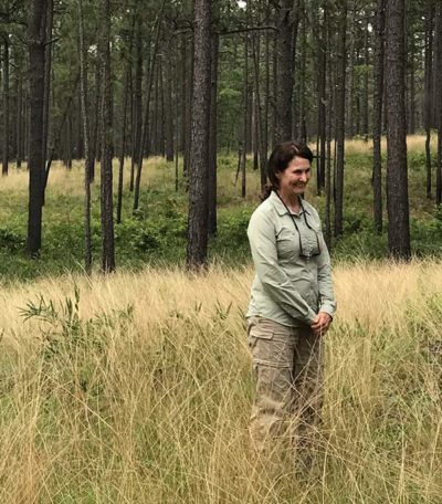 Janet Gray, retired botanist with Fort Bragg in long leaf pine sandhills.