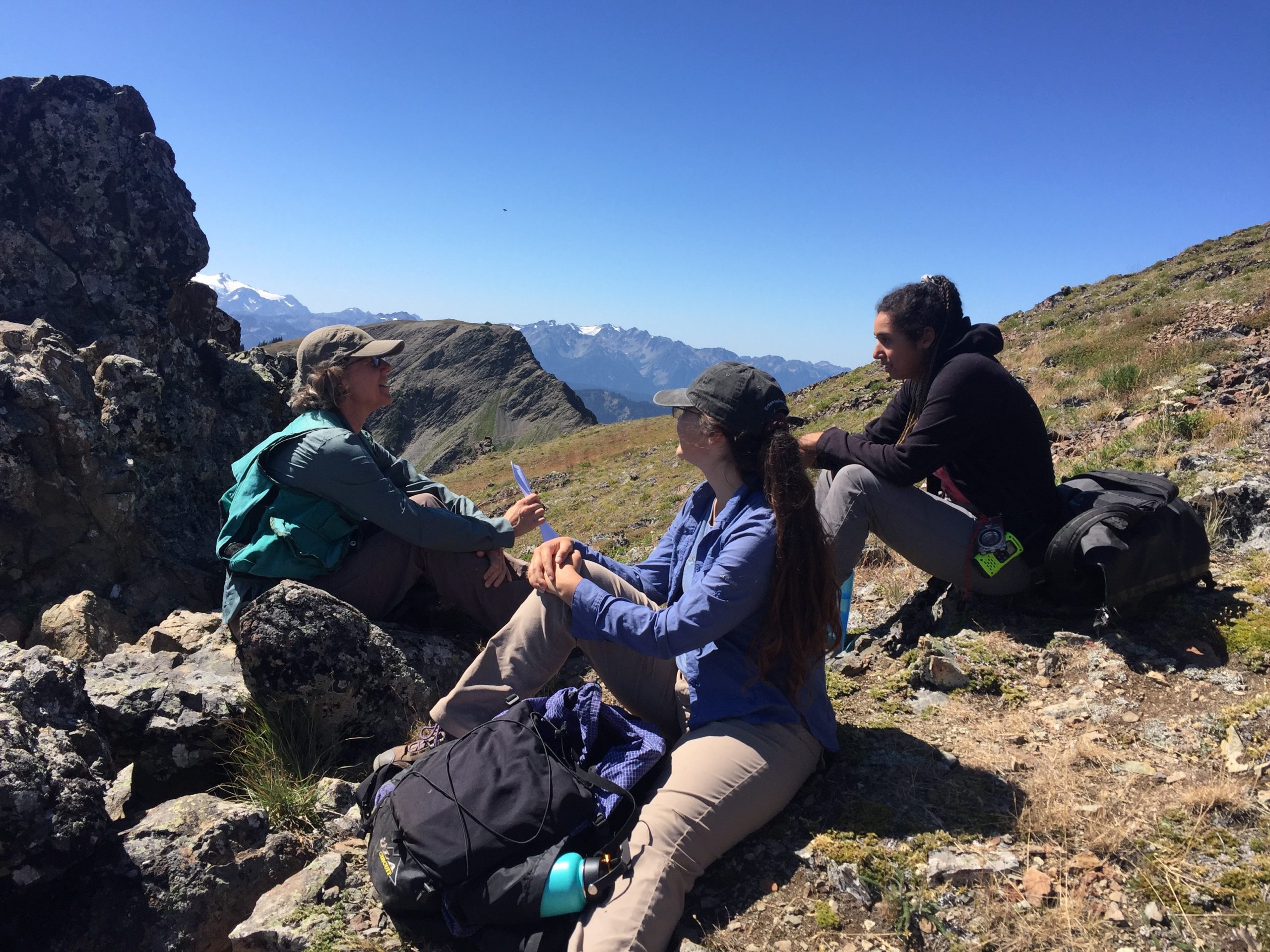 Wendy sits with the 2019 interns to discuss making a seed collection while out in the field. Photo credit: Stacy Kinsell, courtesy of University of Washington Botanic Gardens.