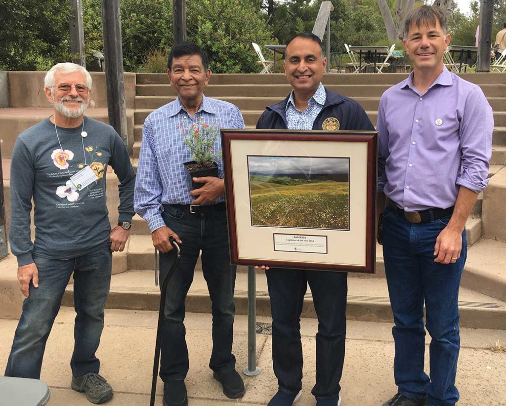 In September 2019, CNPS honored Asm. Ash Kalra (D-San Jose) as CNPS Legislator of the Year for his support in securing unprecedented state funding for the seedbanking of California’s rare plants to help fight extinction. Pictured here: Asm. Ash Kalra holds his award alongside his father (left). Also pictured: CNPS Executive Director Dan Gluesenkamp (far right) and CNPS Santa Clara Valley Chapter member Stephenen Rosenthal.
