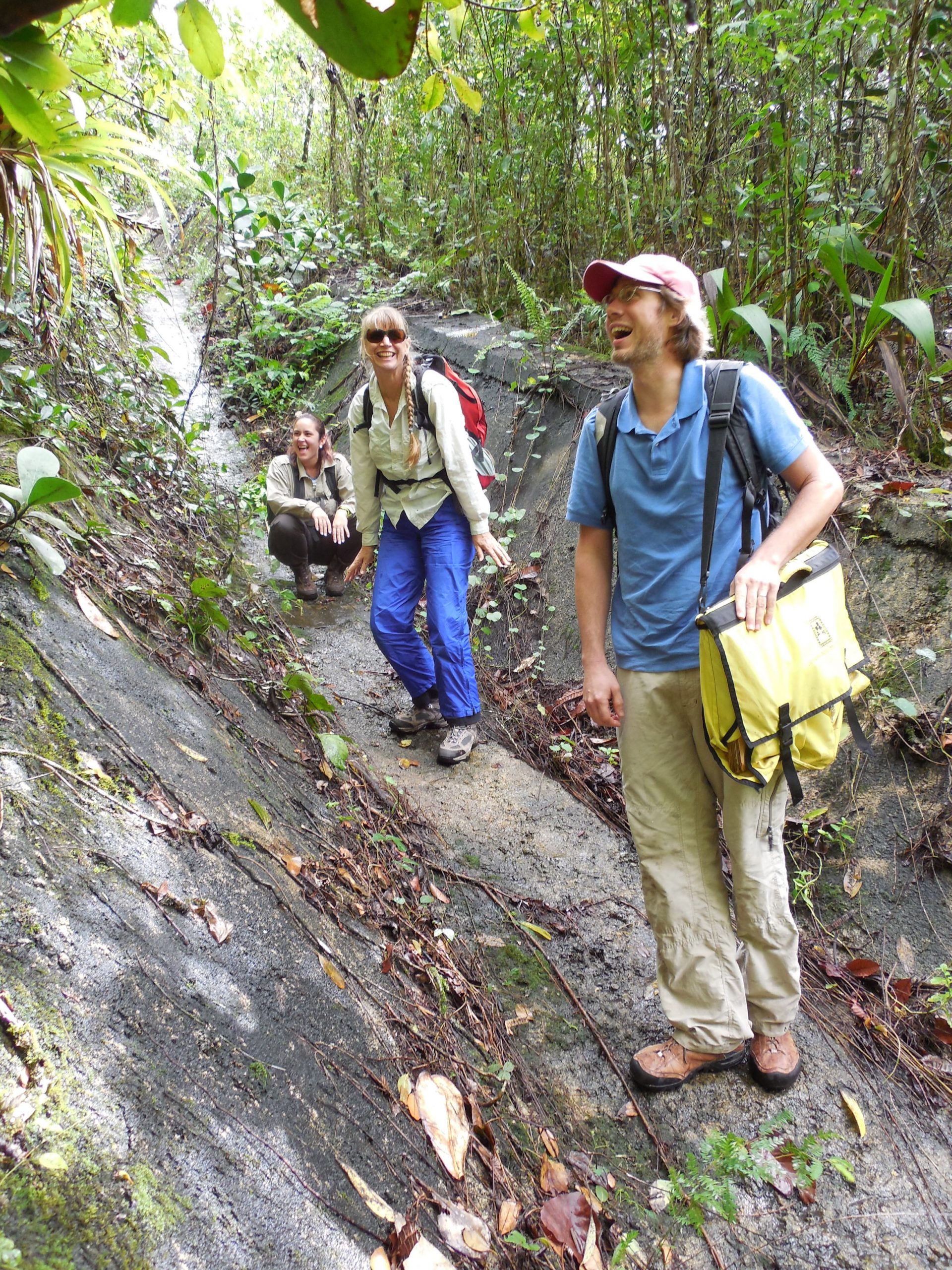 Joyce and colleagues negotiate a very slippery culvert to reach the habitat of the endangered fern Tectaria estremerana growing in Rio Abajo, Puerto Rico.