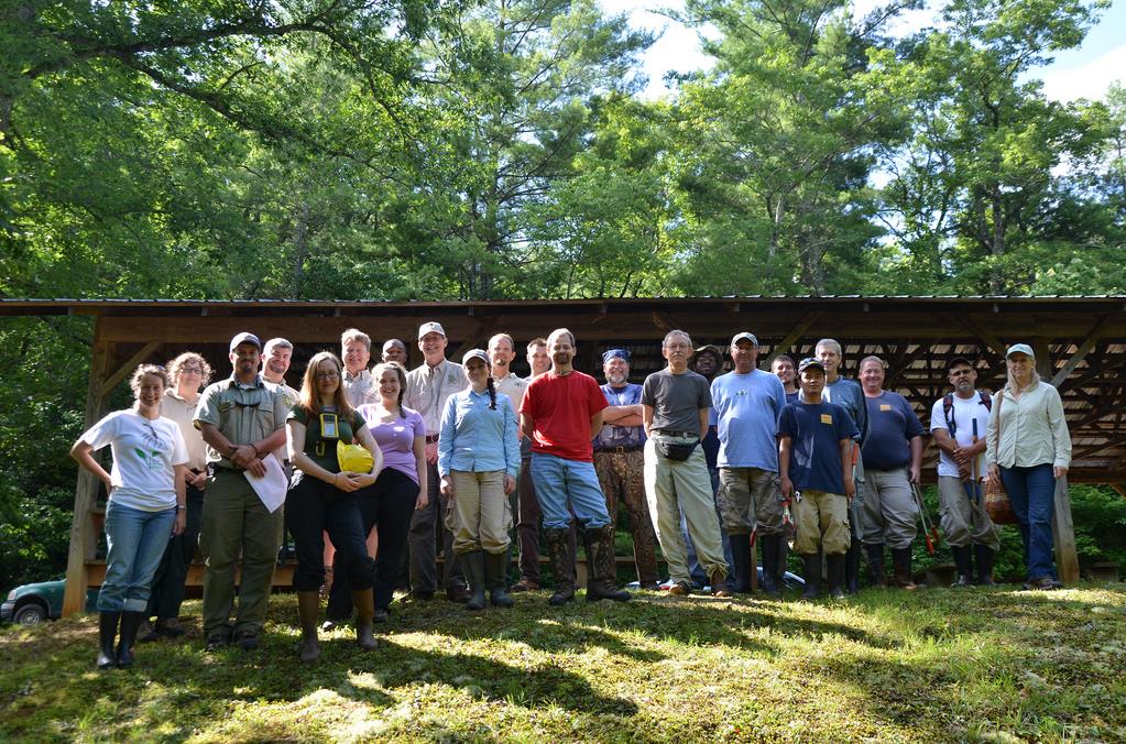 Ceska at left with GPCA before mountain bog field work. Carrie Radcliffe of the Atlanta Botanical Garden in green near Ceska. Jennifer Cruse-Sanders at far right. Photo credit: Judy Toppins, U.S. Forest Service.