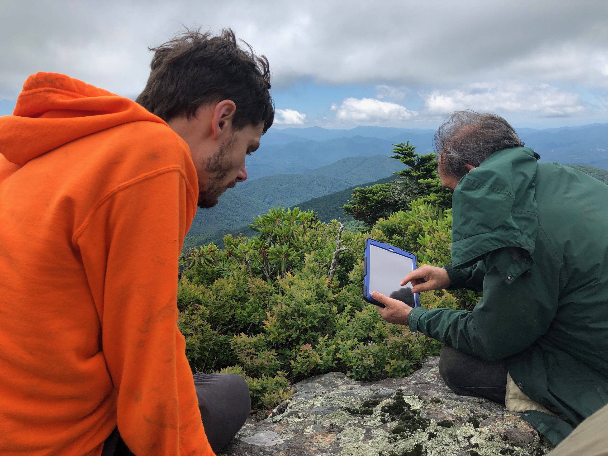 James Lendemer and North Carolina National Forest Service Botanist Gary Kauffman surveying for rare lichen species on a windy cliff of Roan Mountain, North Carolina.