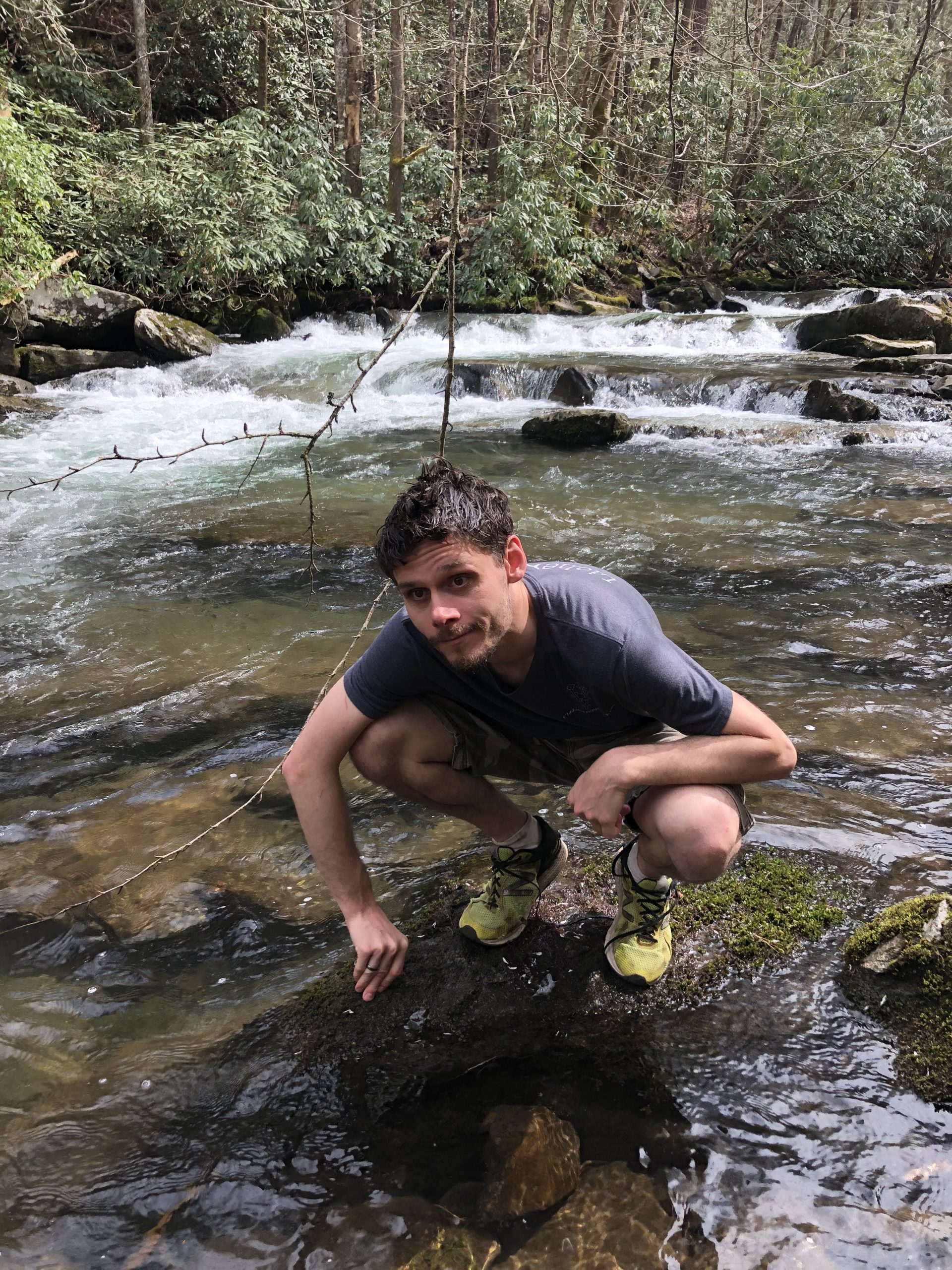 James Lendemer looking for aquatic lichens at Slickrock Creek in Joyce Kilmer-Slickrock Wilderness, Cherokee National Forest, Tennessee.