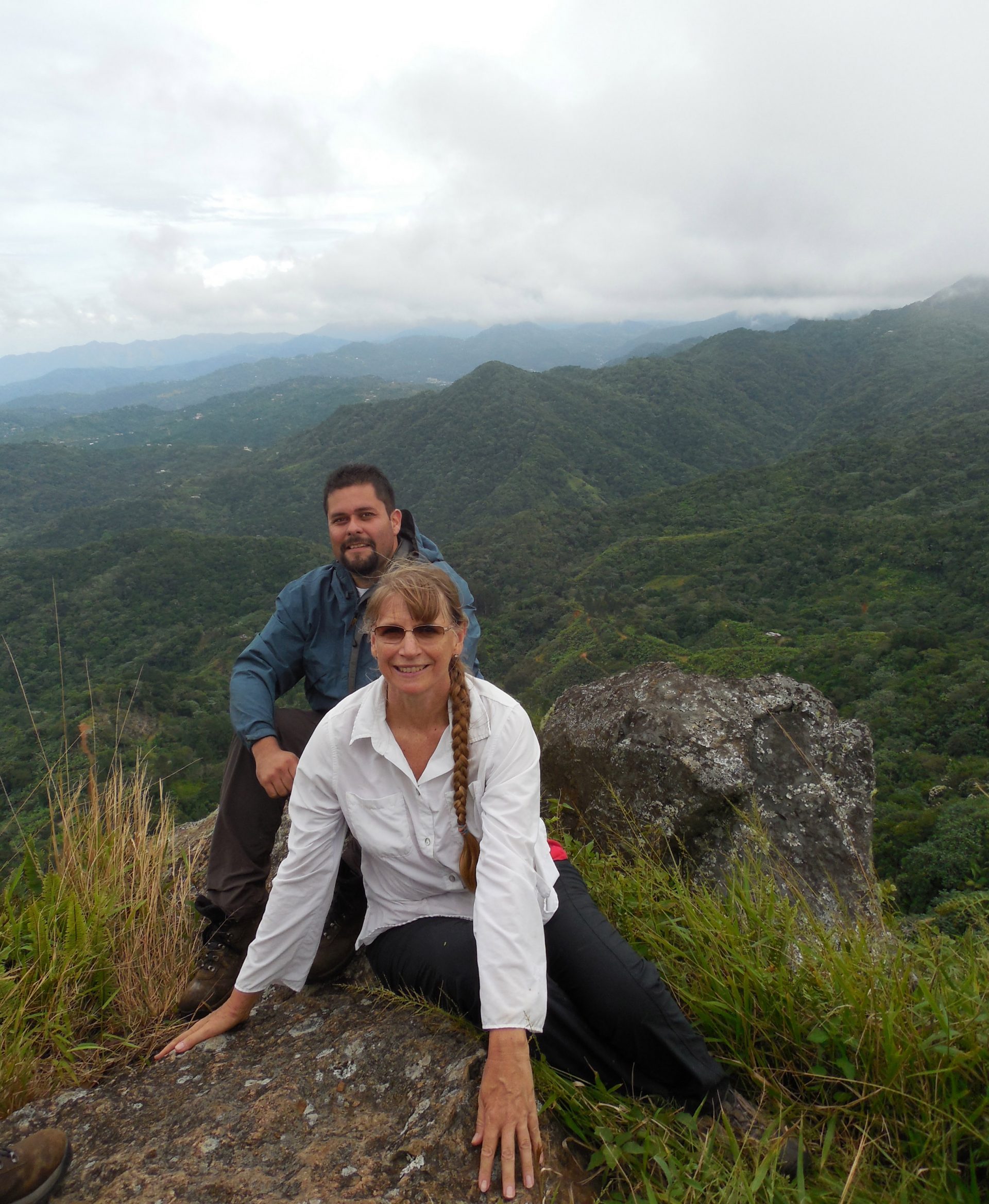 Joyce Maschinski with USFWS botanist Omar Monsegur near the summit of Silla de Calderón to collect Polystichum calderonense, November 2014.