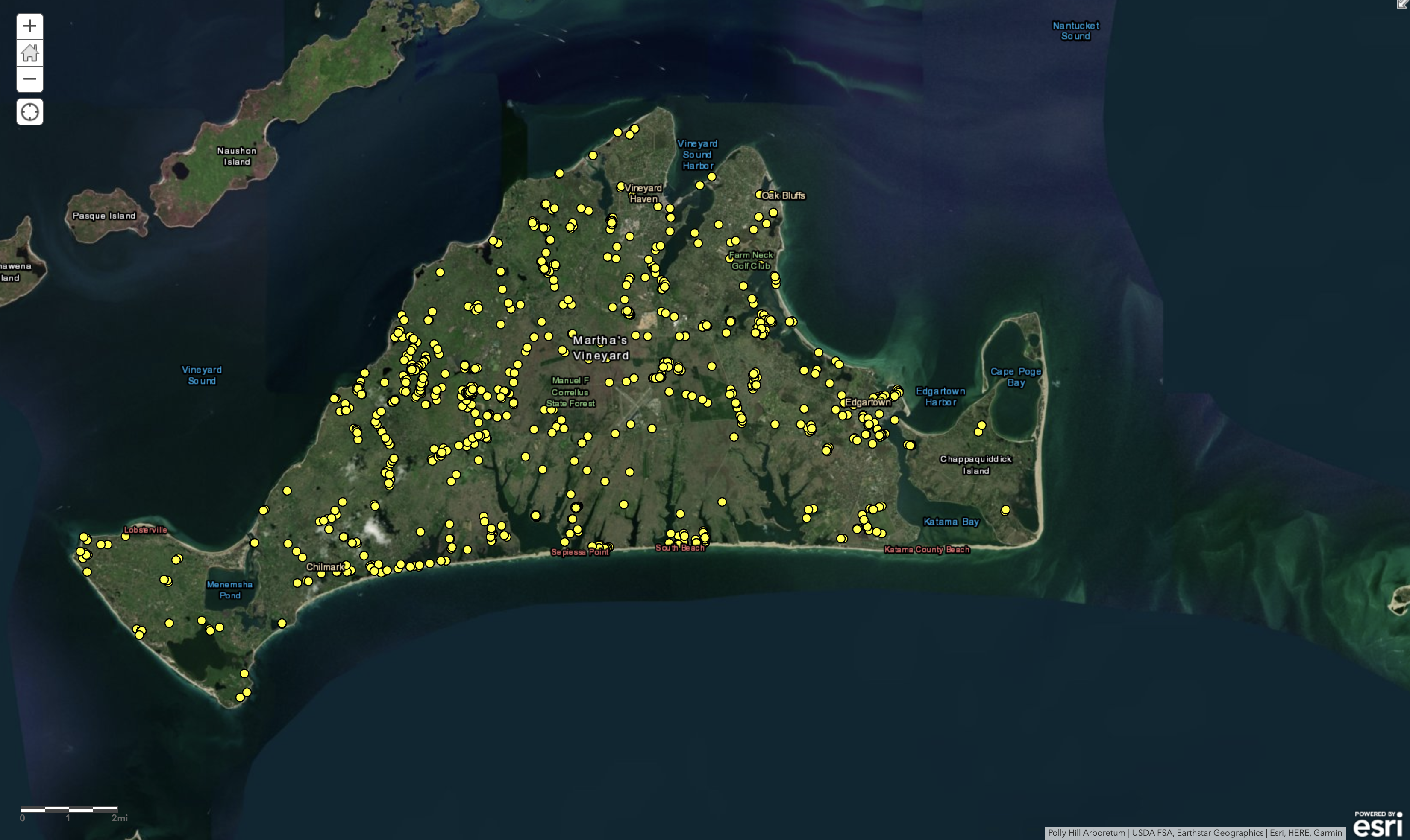 The cloud-based ArcGIS Online mapping tool, as customized by PHA, allows for collaborative data collection and management of plant records. Each dot represents a plant catalogued as part of the ConServator project.