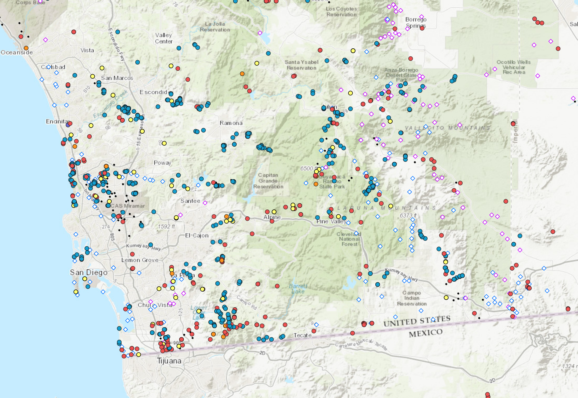 Map showing population locations of species in need of collection.