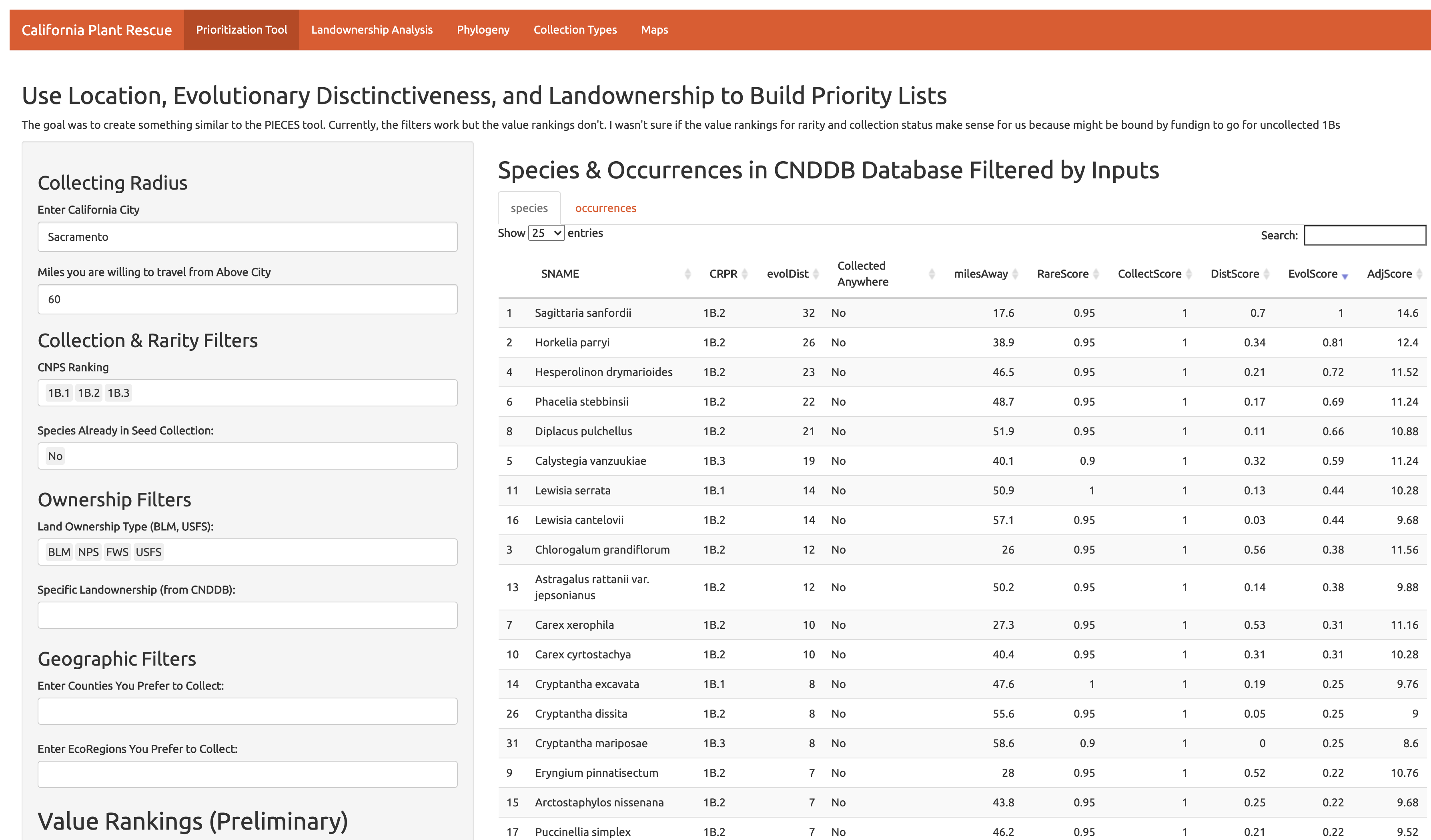 Screen shot of Species and Occurrences in CNDDB Database
