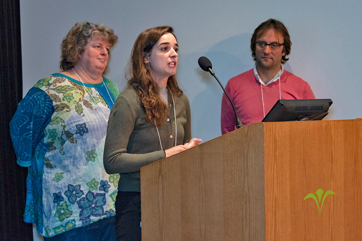 Chicago Botanic Garden’s conservation program covers many aspects of plant research and conservation. Kayri Havens, Ph.D., Daniella DeRose, and Jeremie Fant, Ph.D. (left to right) each presented some part of the garden’s program. Photo credit: Robin Carlson, courtesy of Chicago Botanic Garden.