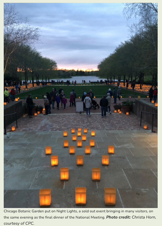 Chicago Botanic Garden put on Night Lights, a sold out event bringing in many visitors, on the same evening as the final dinner of the National Meeting.