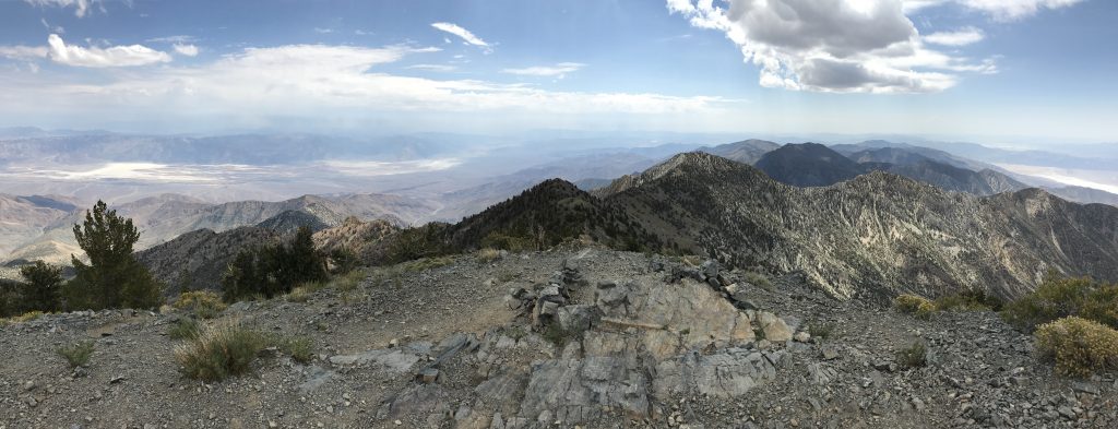 From atop the Panamint Range one can see both the Sierra Nevada Mountains, including Mt. Whitney, and Badwater Basin.