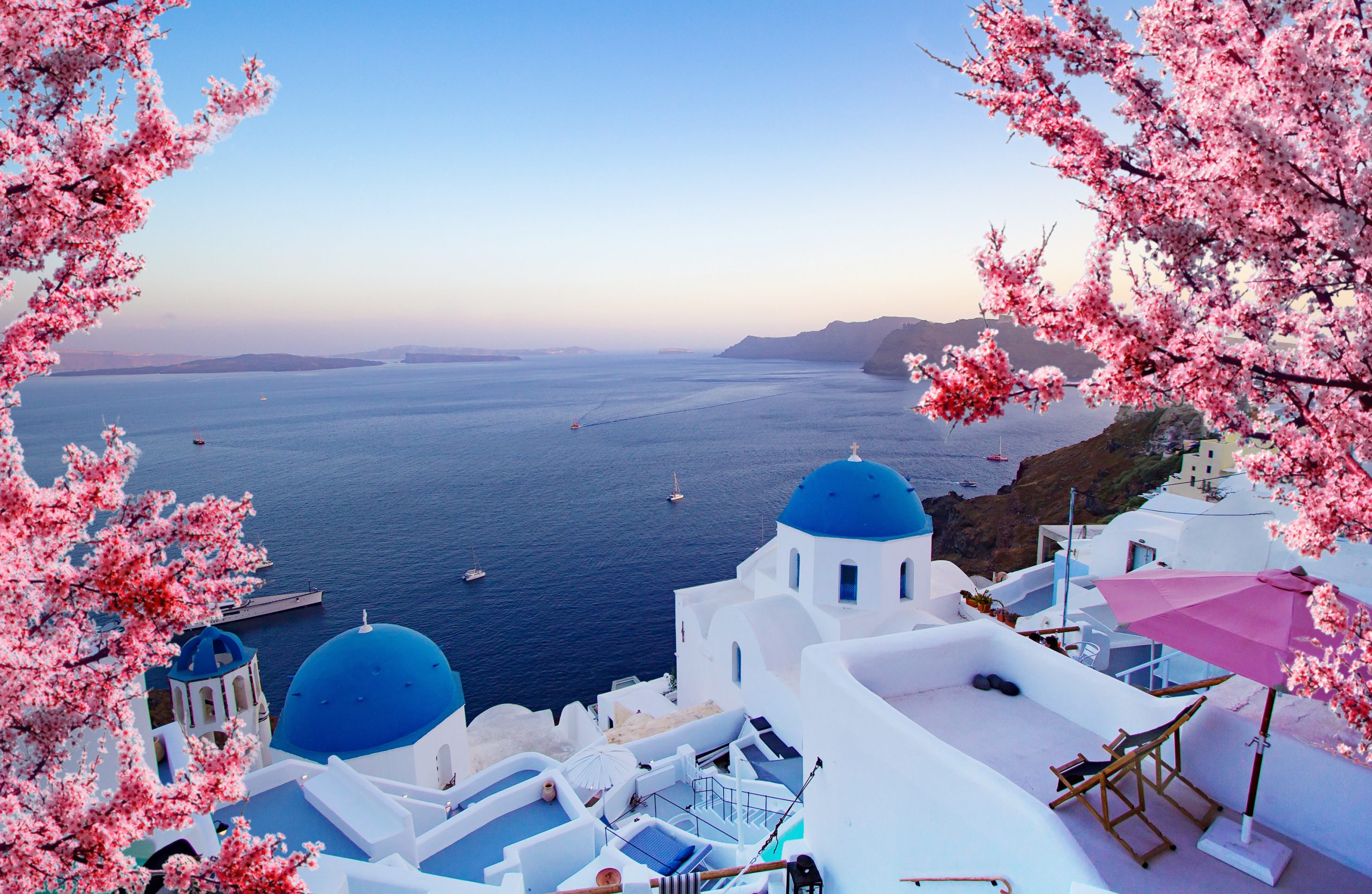 Image of eautiful view of Oia, Santorini, Greece with pink blossoms flowers at beautiful spring sunset.
