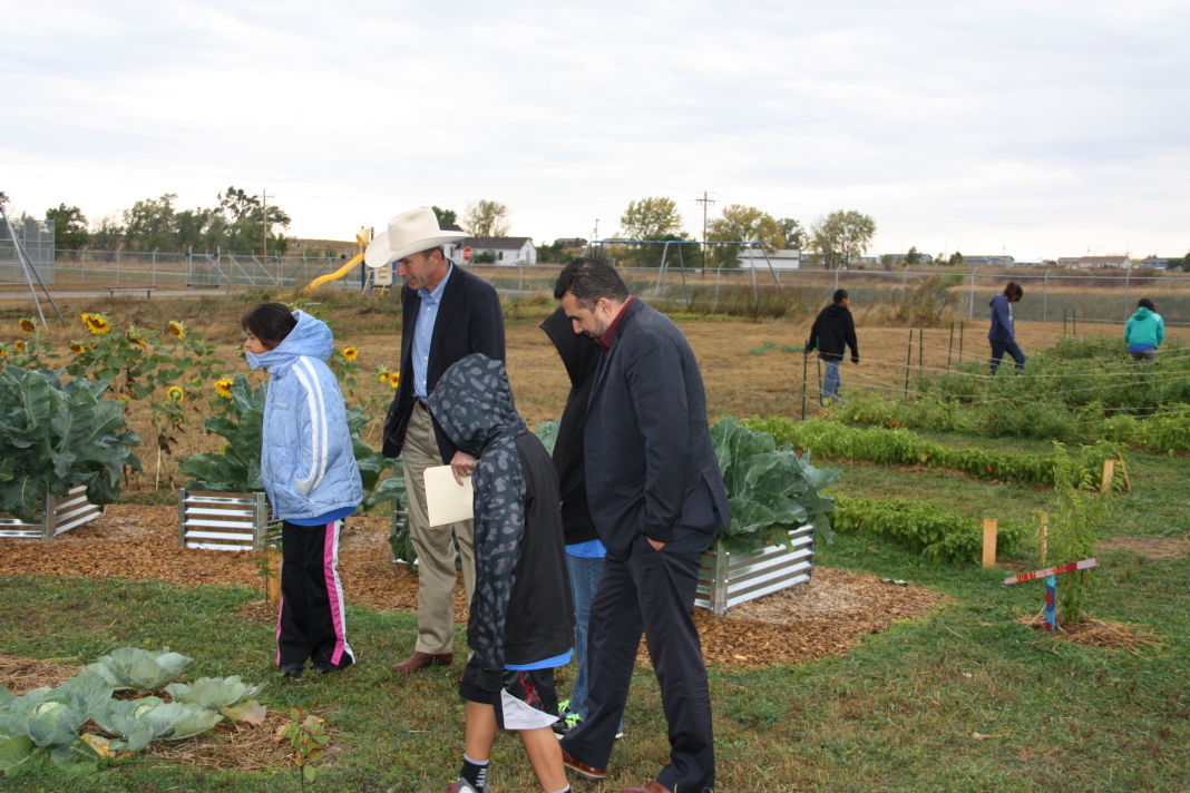 A group of men and youth explore the community garden.