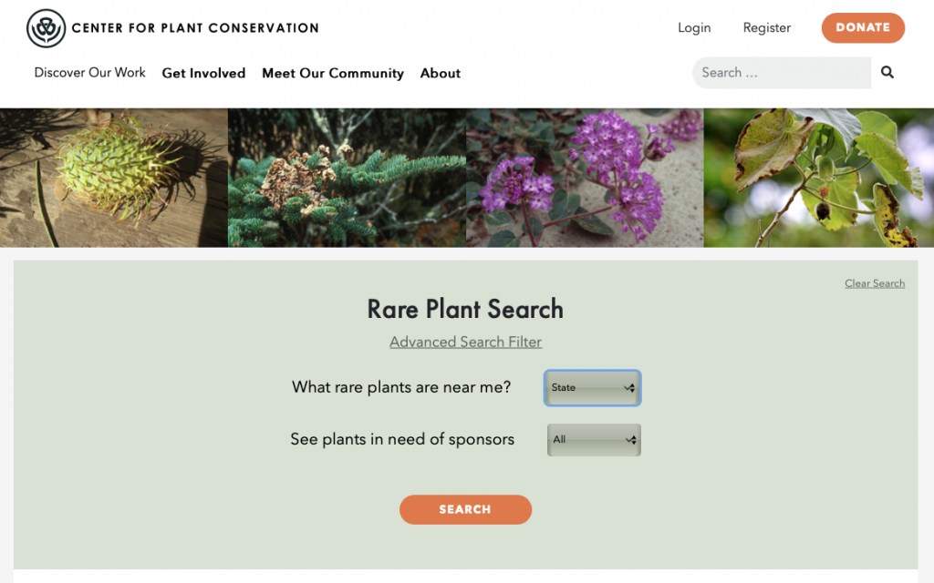 Screenshot of Rare Plant Search screen on CPC's Rare Plant Academy