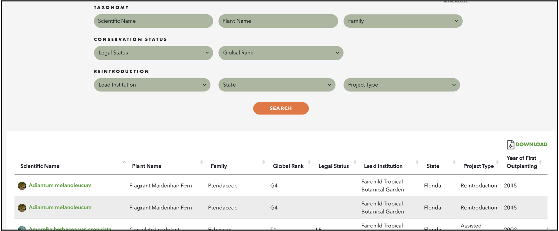 Image of screenshot from the reintroduction database on SavePlants.org.